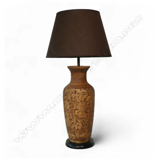 A c.1980 wooden table lamp and shade,